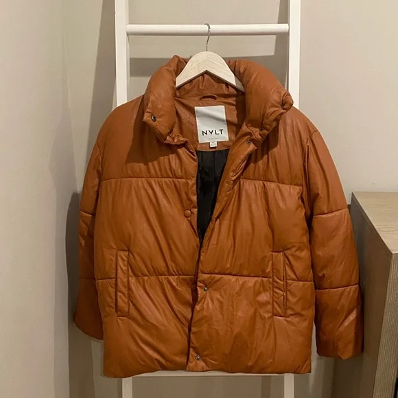 NVLT - Faux Leather Brown Puffer Coat - Size Small - Picture 5 of 6